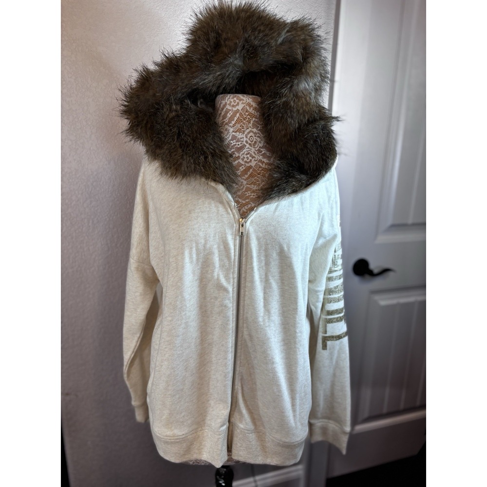 Y2K Victorias Secret Angel Ivory Zip Hoodie Jacket Fur Lined Hood XL NWOT Runway